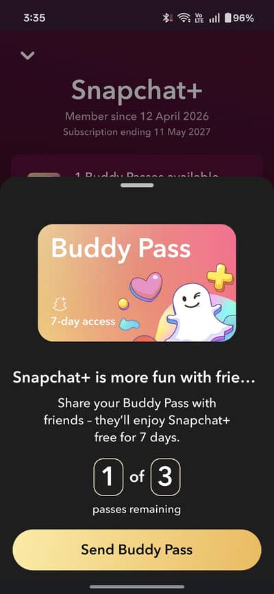 Snapchat plus 1 week buddy pass