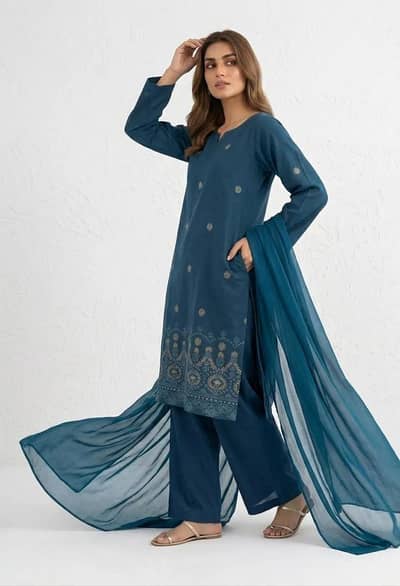 Blue Embroidered Stiched Suit For Women