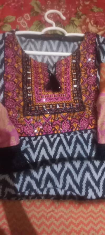 Stitched Embroidered Cotton One Piece Frock with Mirror Work