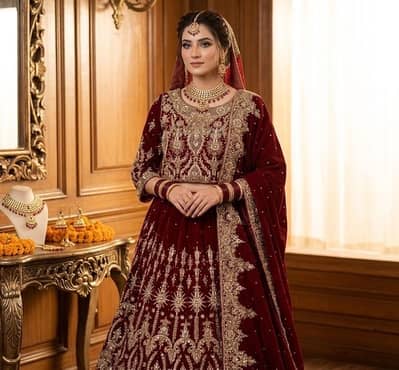 Bridal Maxi Lehnga Dress Red Maroon Heavy Embroidery Wedding wear