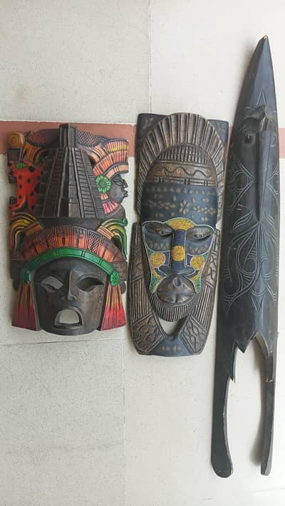 Antique Hand-Carved Wooden Tribal Masks & Wall Decor (3-Piece Set)