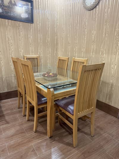 Ash Solid wood dining table set with oak finish and tempered glass top
