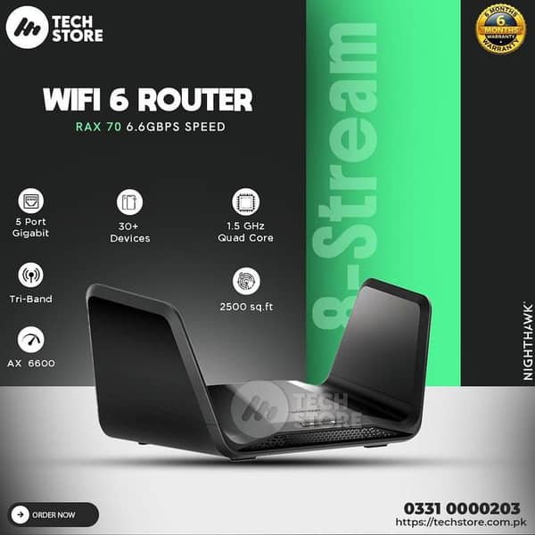 Netgear Router Rax70 Ax6600 8-Stream Tri-Band WiFi 6 Router, 6.6Gbps In Pakistan