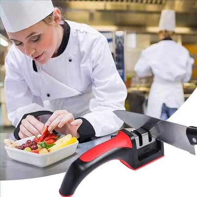 3 in 1 Knife Sharpener Stainless Steel Black And Red Handle