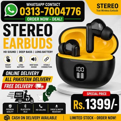 stereo True Wireless earbuds| Hd Sound+Deep Bass | Long Battery|