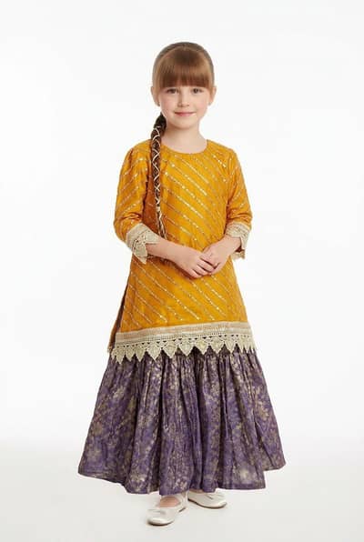 Beautiful Mustard & Purple Mehndi/Mayun Lehenga Kurti Dress (Used)