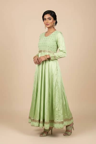 Elegant Pistachio Green Silk Maxi Frock / Anarkali Dress (Used)