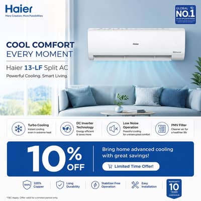 Haier 13-LF DC Inverter Split AC | 1 Ton | 10% OFF