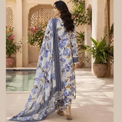Premium 3-Piece Women's Unstitched Blue Floral Summer Lawn Suit