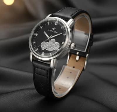 Ladies Black Heart Dial Leather Watch for Daily Wear