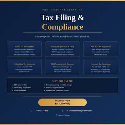 Tax Filing & Compliance Services FBR | NTN | GST | From Rs. 4,999