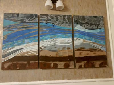 hand painted blue waves 28 inches width 40inches height