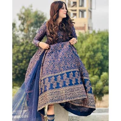 Navy Blue Katan Silk Maxi Suit with Golden Floral Embroidery