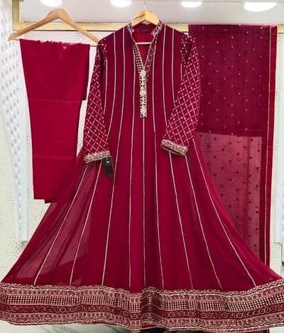beautiful maroon  3_ piece embroidered chiffon  maxi