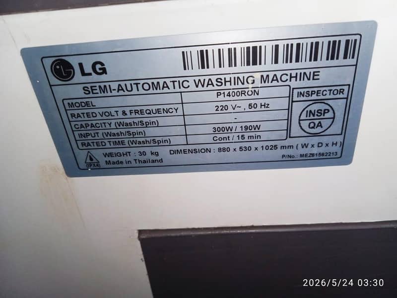 L. G washing machine twin tub model number P100RON 9
