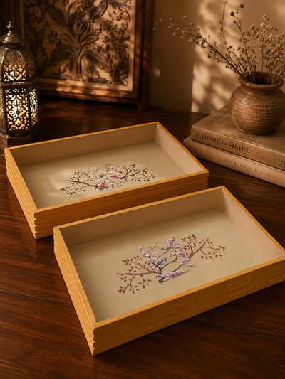 Handpainted bird trays (Rs 4k each)