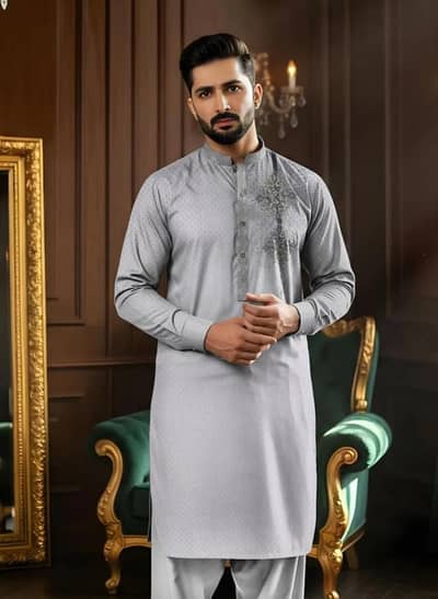 grey cotton Embroidered kurta set for Eid wedding wear
