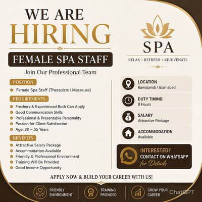 Female Spa Staff Required in Rawalpindi Islamabad | Freshers & Experie