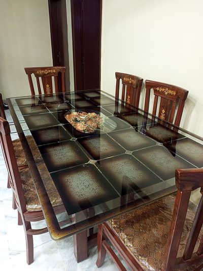 Glossy Glass Top 6-Seater Dining Table Set (Solid Wood)