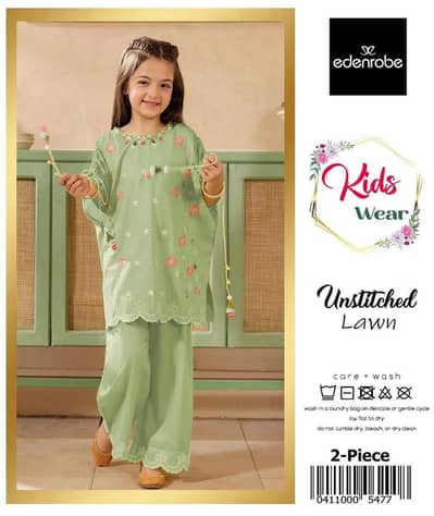 Unstitched green lawn 2 piece kids set for girls