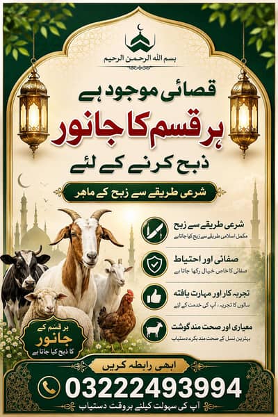 qasaiقسم کے جانور ذبح کرنے کے لیے ماہر اور تجربہ کار قصائی موجود ہے۔