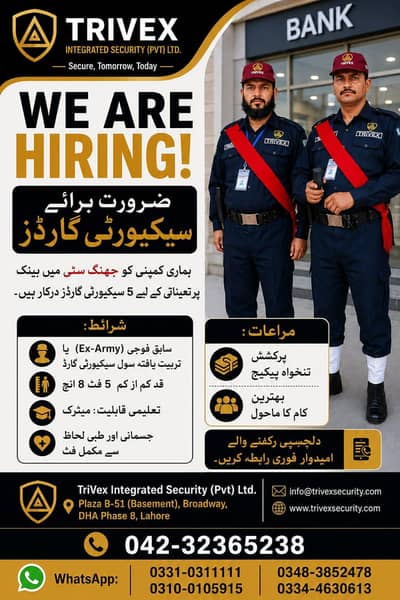 Urgent Hiring 5x Security Guards for Bank Duty in Jhang city