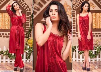 Red Silk Lace Night suit 3 piece