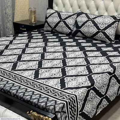 Crystal Cotton Printed Double Bedsheet Set White 3 Pcs