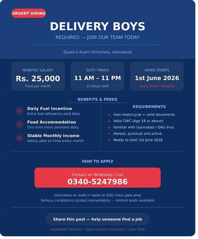 Delivery Boy Required – QAU Islamabad | Rs. 25,000 + Fuel | June 1st