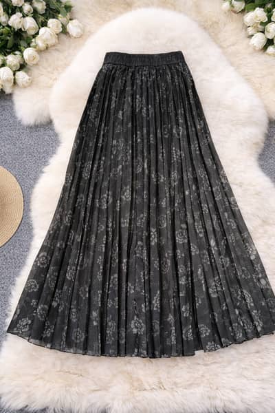 Black Pleated Skirt for Women Lahore | Floral Pleated Skirt (L & XL)
