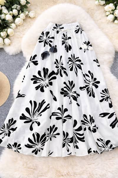 White and Black Floral A-Line Skirt Women – High Waist Flowy Skirt