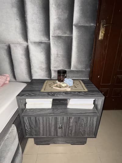 Grey Velvet king size bed with 2 side tables