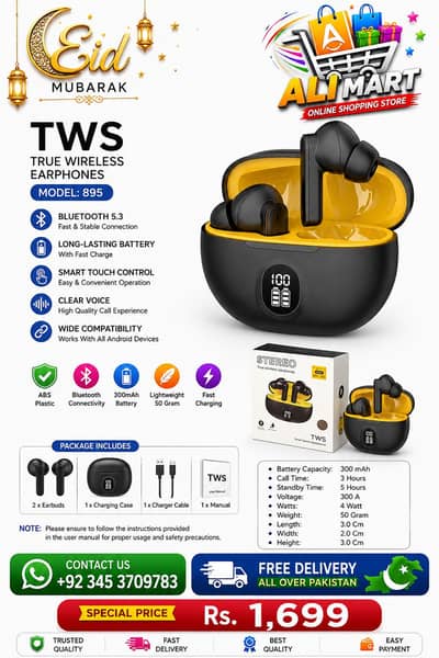 Premium Wireless Earbuds Black Yellow Bluetooth