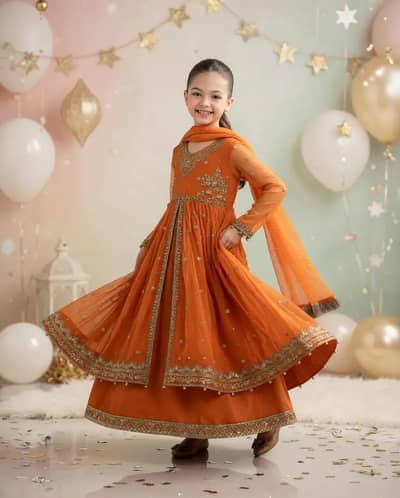 ORANGE Embroiderd lawn 3pcs suit  for girls 3 to 10 year old