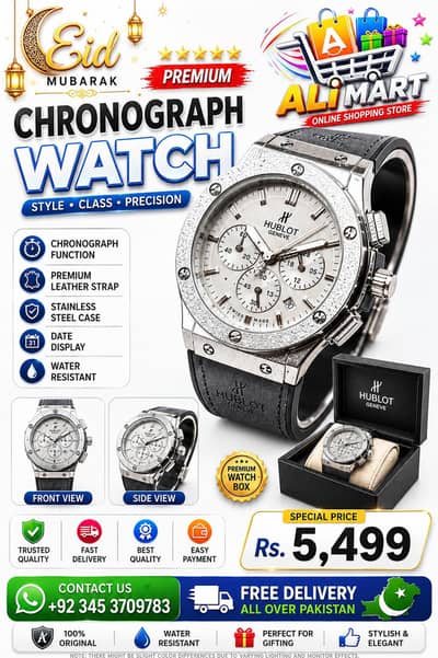 Hublot Men Chronograph Watch Silver Leather Strap