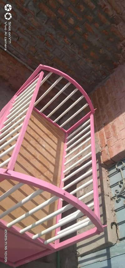 Baby Cot for Sale – Iron Frame with Wheels – Pink/White