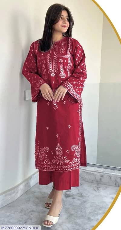 Red embroided lawn suit for woman's wedding party wear