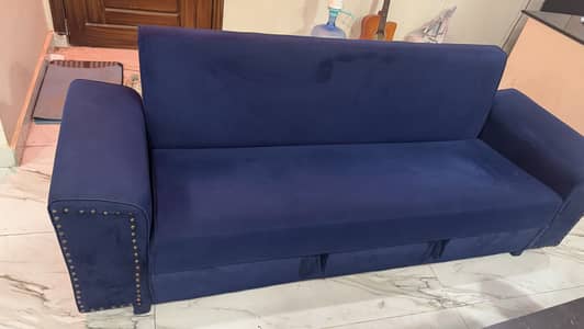 Royal blue velvet sofa cumbed set with 2 chairs & table slightly used