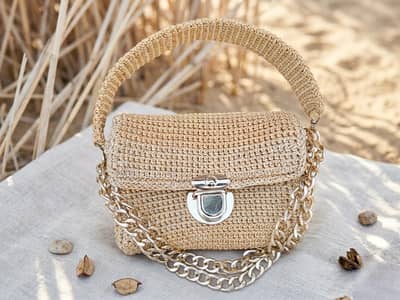 Handcrafted Metallic Gold Crochet Luxury Hand Bag for Womens