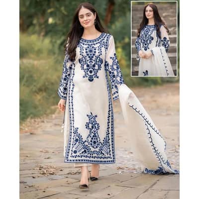 Elegant blue embroidered 3-piece suits for women