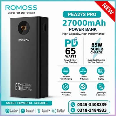 Romoss 65W Fast Charging Power Bank 27000mAh for Laptop and Mobile
