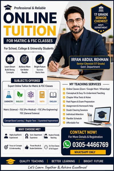 Expert Online tutor for Matric& Fsc classes