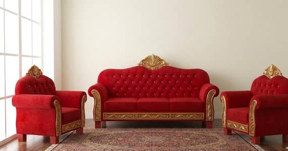 Premium Royal Wooden Sofa Set - Deep Red Velvet & Gold Carving
