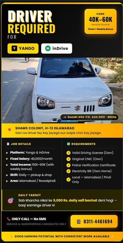 Driver For Indrive and Yango Experianced Add Every Detail Mention