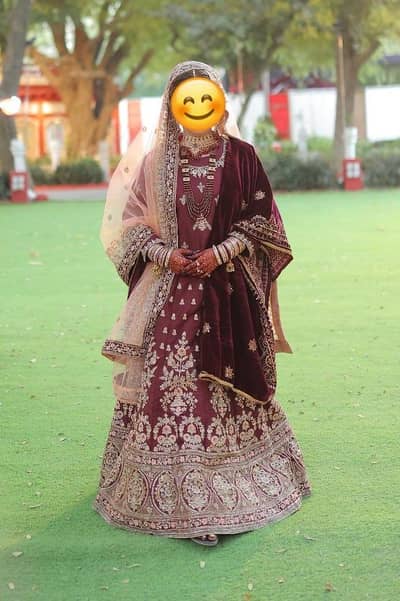 Bridal Maroon Lehenga with Tea Pink Dupatta & Velvet Shawl – Used Once