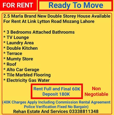 2.5 Marla Brand New Double Storey House For Rent At Link Lytton Road
