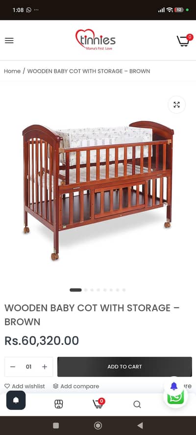 Tinnies Original Baby Cot with Mattress and Cushions