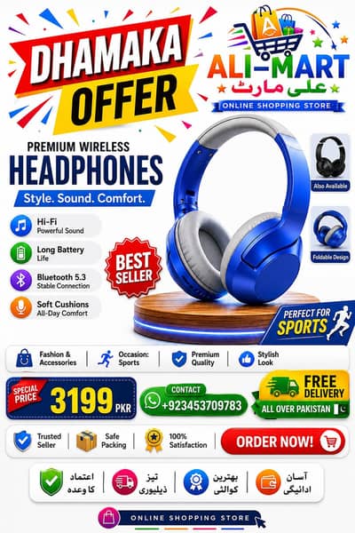 Blue Bluetooth 5.0 Headset with subwoofer &IPX5 Waterproof