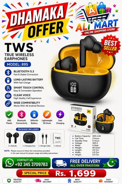 Premium Wireless Earbuds Black Yellow Bluetooth 5.3