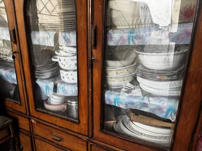 Antique Wooden China Cabinet with Full Crockery Set